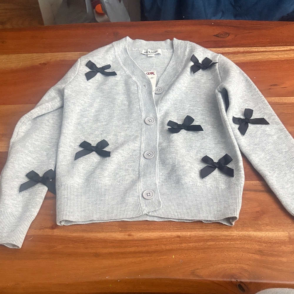 Charming Gray Cardigan with Black Bows